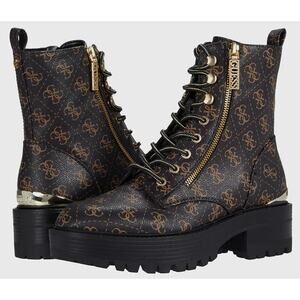 Women’s 8m GUESS Fearne LOGO COMBAT BOOTS Brown Gold PLATFORMS NEW Size 8